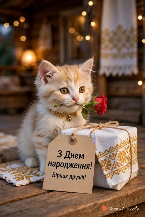 Кошеня з трояндою в зубах і подарунок у вишитому рушнику з биркою
