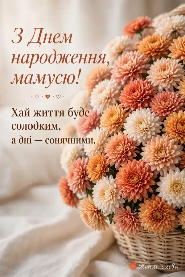 Кошик персикових хризантем і побажання солодкого життя та сонячних днів