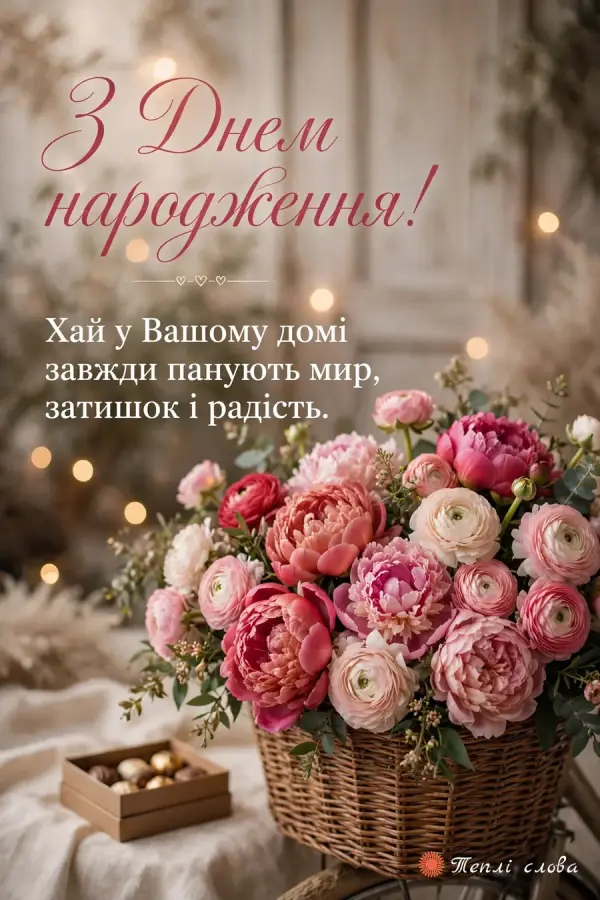 Кошик півоній і ранункулюсів на велосипеді та побажання миру й затишку в домі