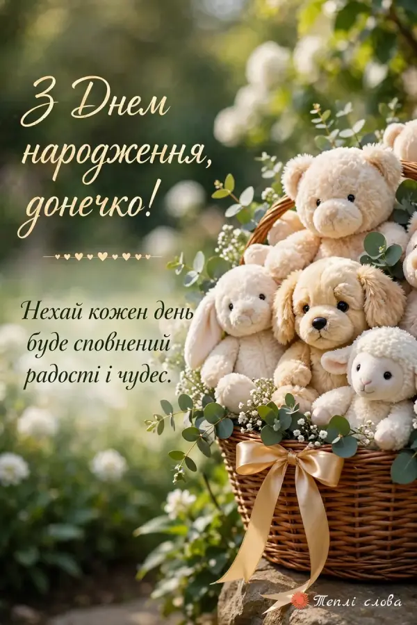 Кошик плюшевих іграшок із золотим бантом, побажання радості й чудес