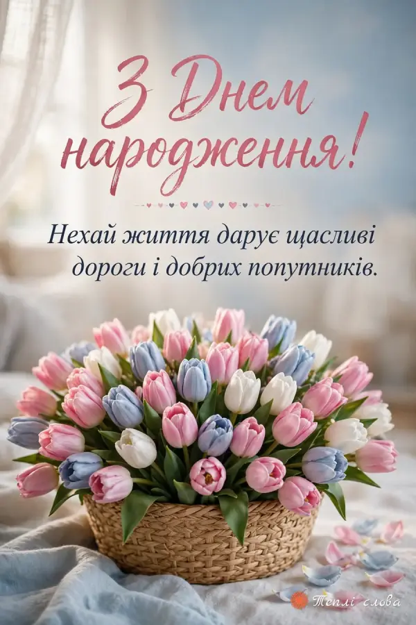 Плетений кошик рожевих, білих і блакитних тюльпанів, побажання щасливих доріг