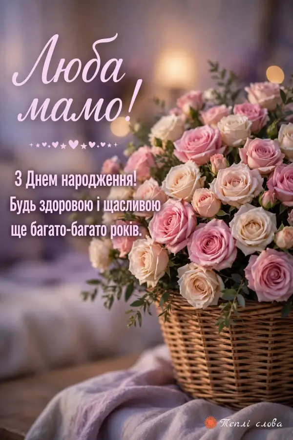 Кошик рожевих і кремових троянд — «Люба мамо!» і побажання багатьох щасливих років