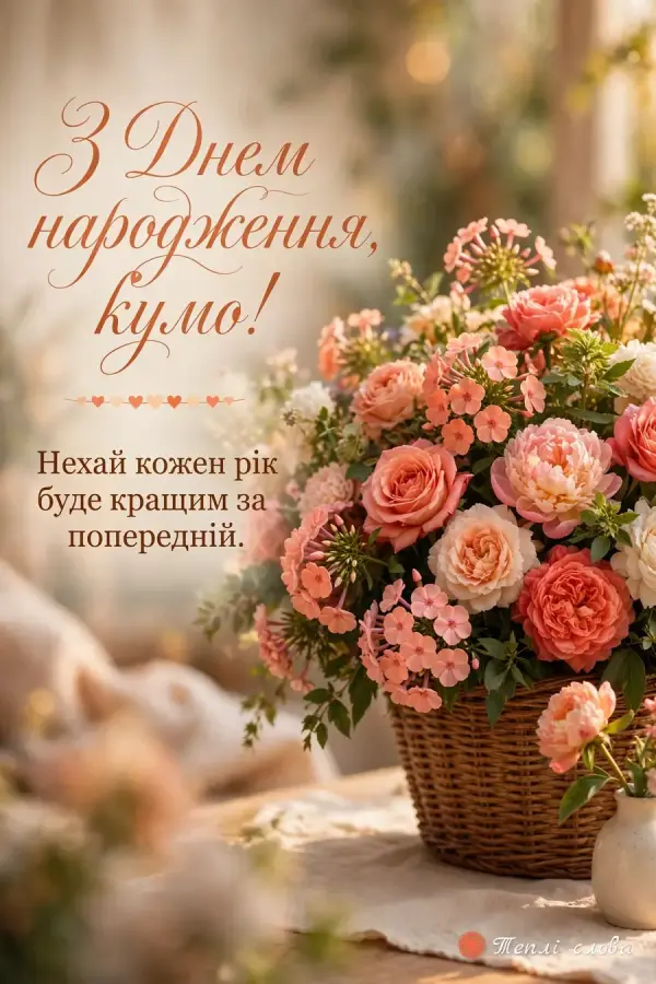 Кошик садових квітів — троянди, півонії, флокси — і побажання, щоб кожен рік був кращим