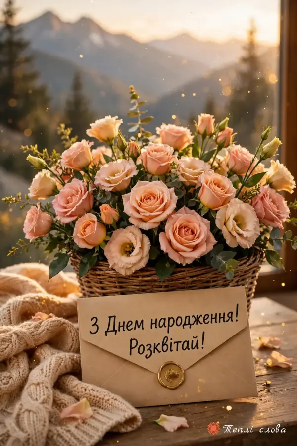 Кошик троянд і еустом на тлі гір та конверт «Розквітай!»