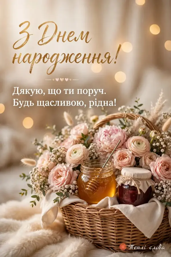 Плетений кошик з медом, варенням і квітами та слова «Дякую, що ти поруч»