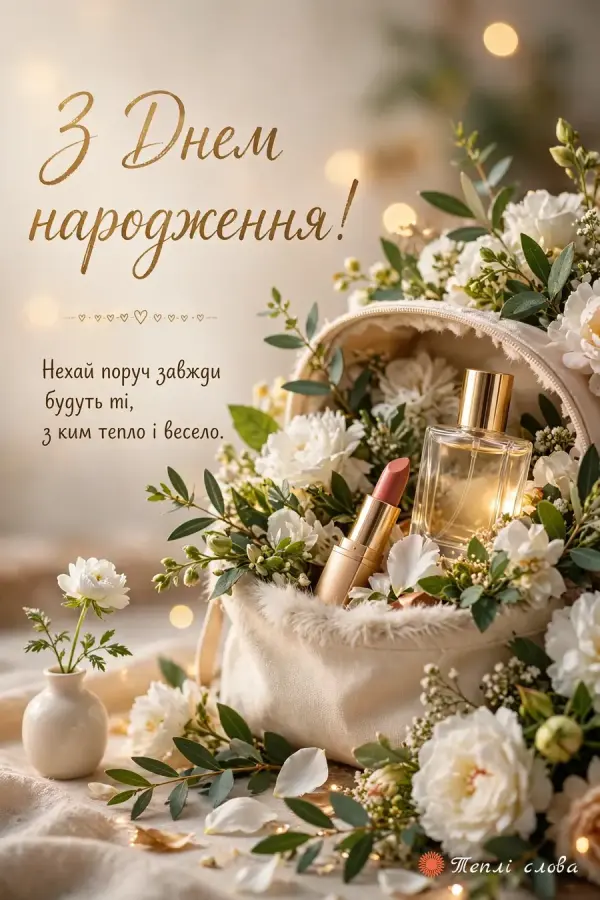 Косметичка з парфумами й помадою серед білих півоній, побажання теплих і веселих людей поруч