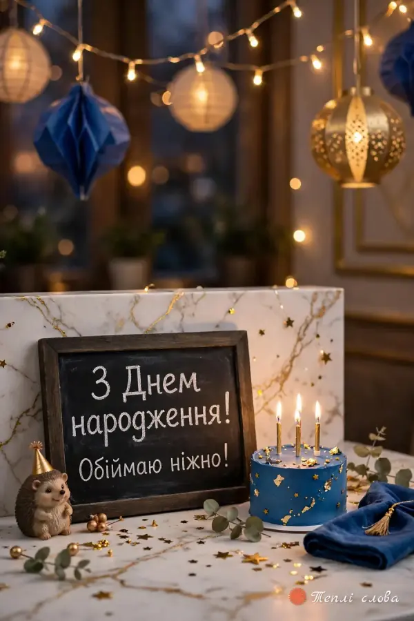Крейдяна дошка «Обіймаю ніжно!» серед паперових ліхтариків і гірлянд