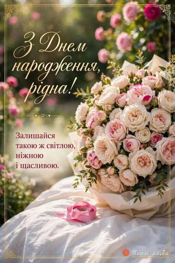 Кремові троянди в шовковому папері, золота рамка і звертання «З Днем народження, рідна!»
