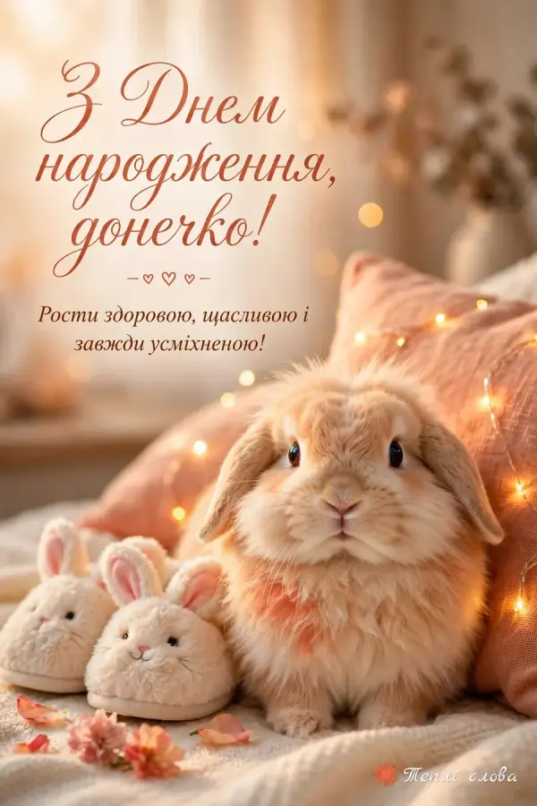 Листівка з днем народження донечки: пухнасте кроленятко поруч із капцями-зайчиками