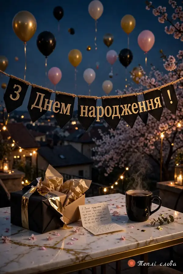 Кульки у вечірньому небі й темна гірлянда з днем народження над столом