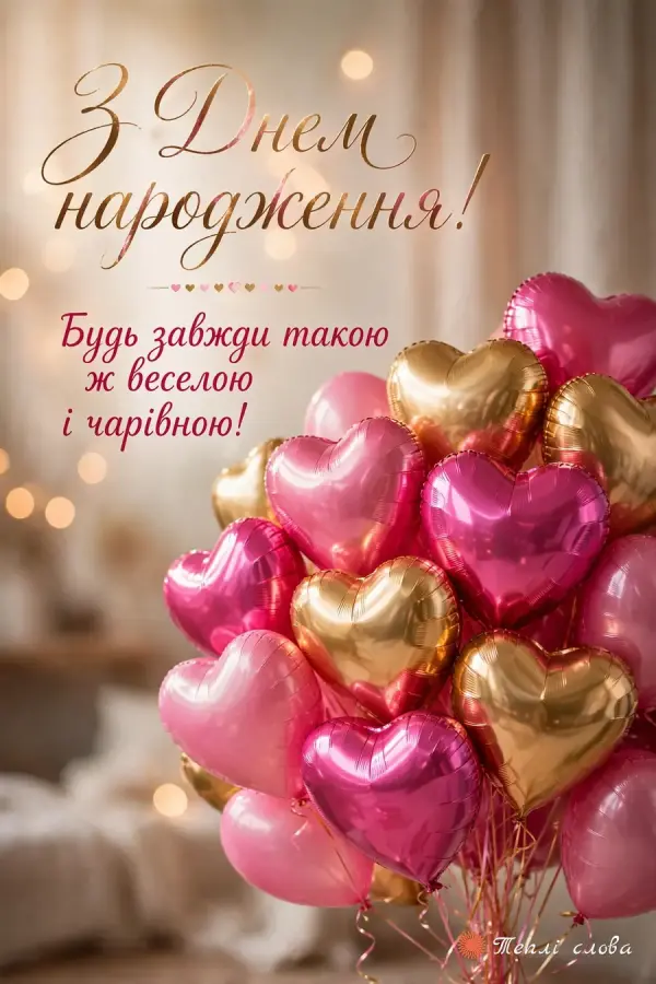 Рожеві й золоті кульки-серця і побажання бути завжди веселою і чарівною