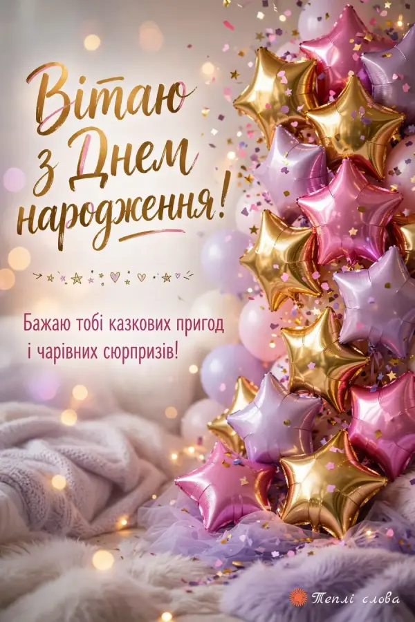 Рожеві й золоті кульки-зірки з конфеті, побажання казкових пригод і сюрпризів