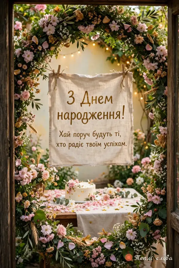 Квіткова арка в саду й лляне полотно з побажанням радіти успіхам