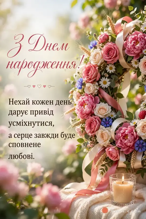 Пишний квітковий вінок зі стрічками в літньому саду і побажання щодня мати привід усміхнутися
