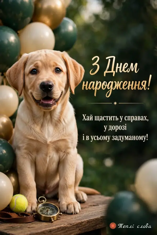 Цуценя лабрадора з тенісним м'ячем і компасом серед кульок, побажання удачі в дорозі