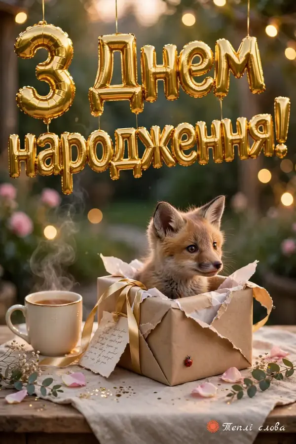 Лисеня визирає з розкритої коробки під золотими кульками-літерами