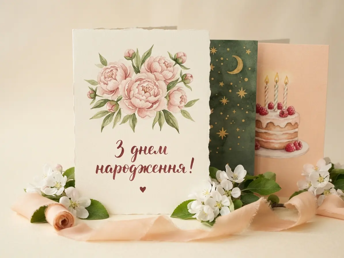 Три листівки з днем народження: півонії, зорі й тортик зі свічками