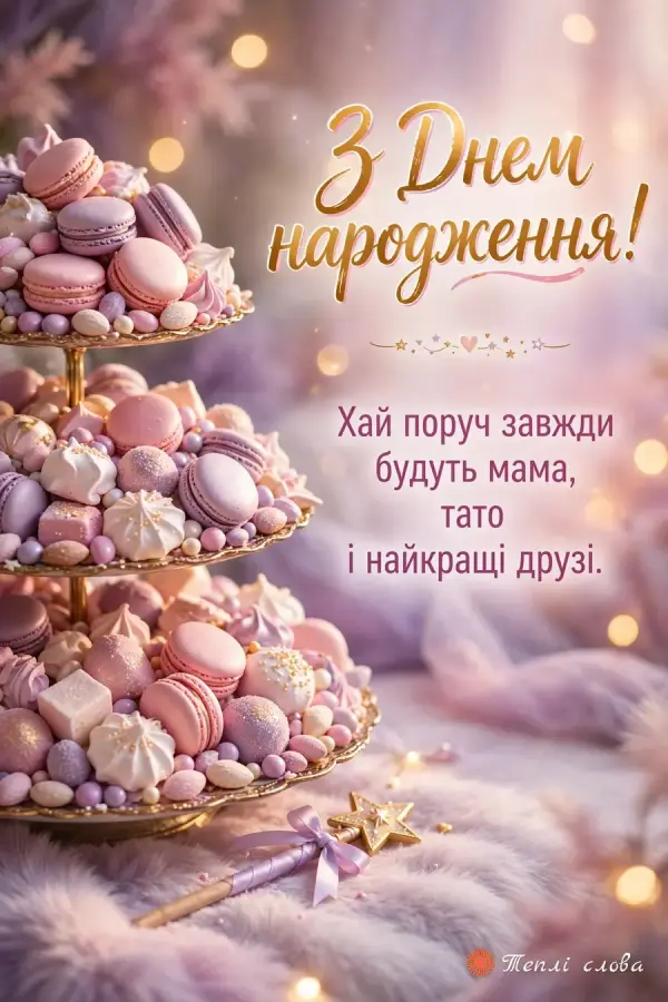Стійка з макарунами й безе та побажання, щоб поруч були мама, тато і друзі