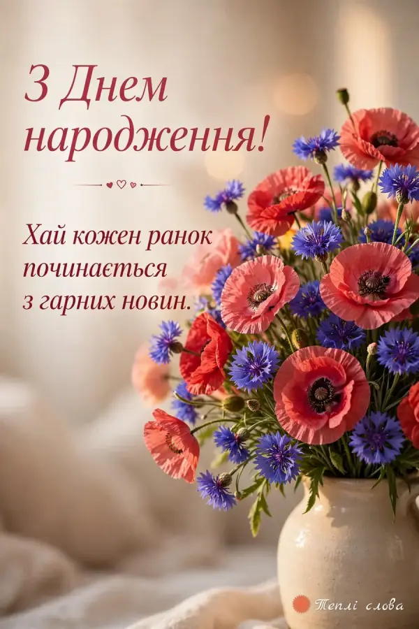Червоні маки й волошки в глечику, побажання, щоб кожен ранок починався з гарних новин