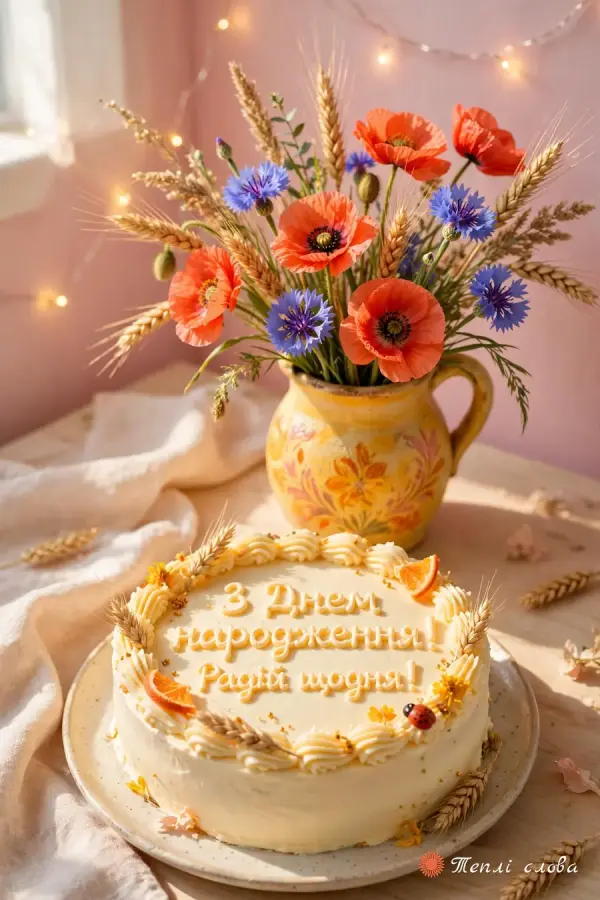 Маки й волошки в глечику та торт із кремовим «Радій щодня!»