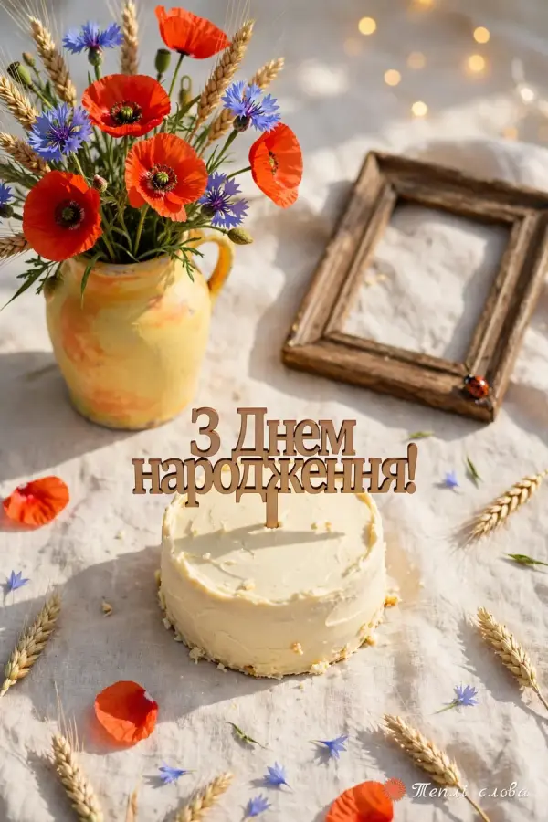 Маки й волошки в глечику та торт з дерев'яним топером на льняній скатертині