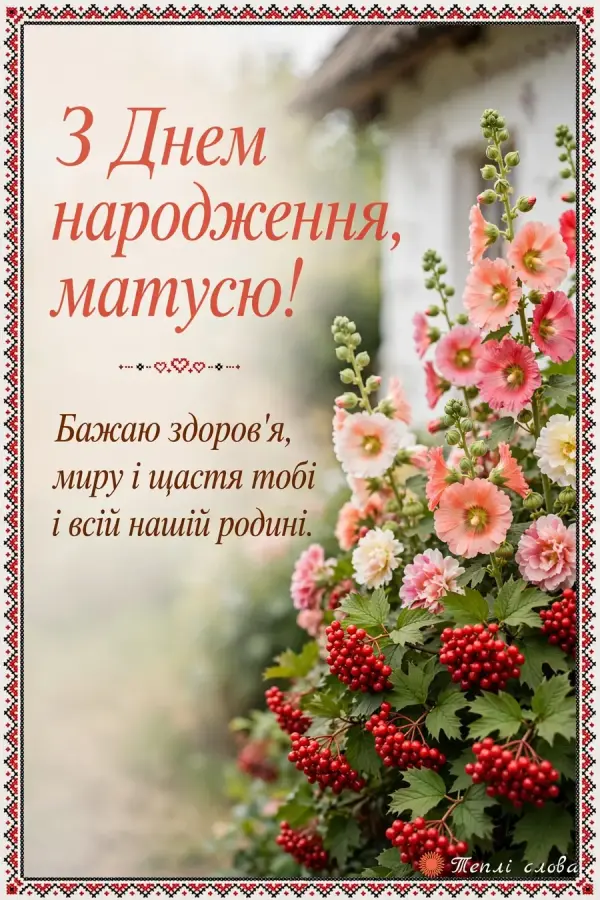 Мальви й калина біля білої хати у вишитій рамці, побажання миру всій родині