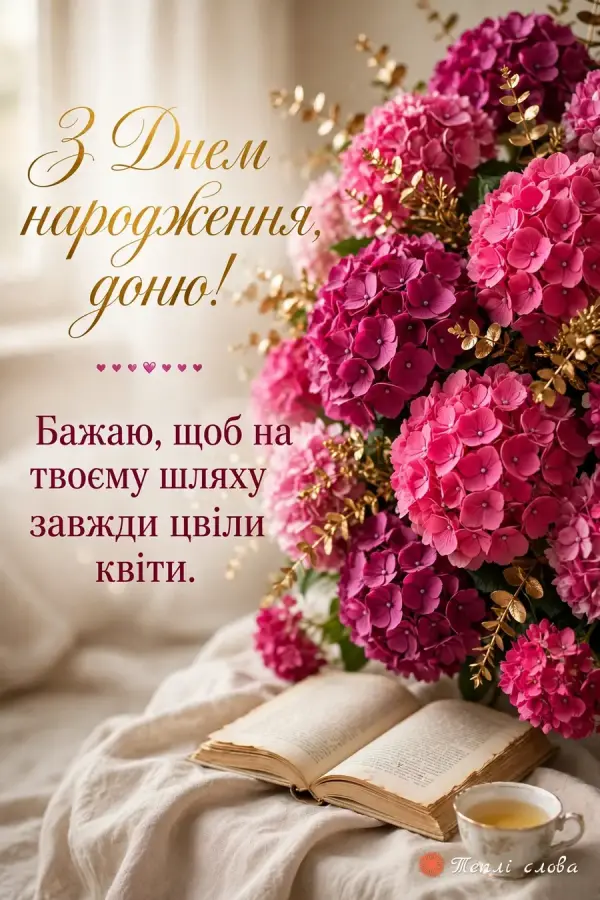 Малинові гортензії, розгорнута книга й чай, побажання, щоб на шляху цвіли квіти