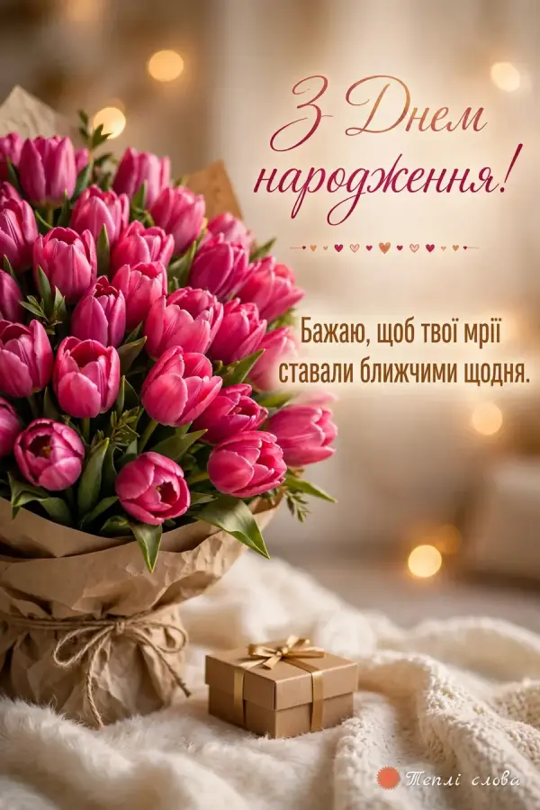 Малинові тюльпани в крафті і побажання, щоб мрії ставали ближчими щодня
