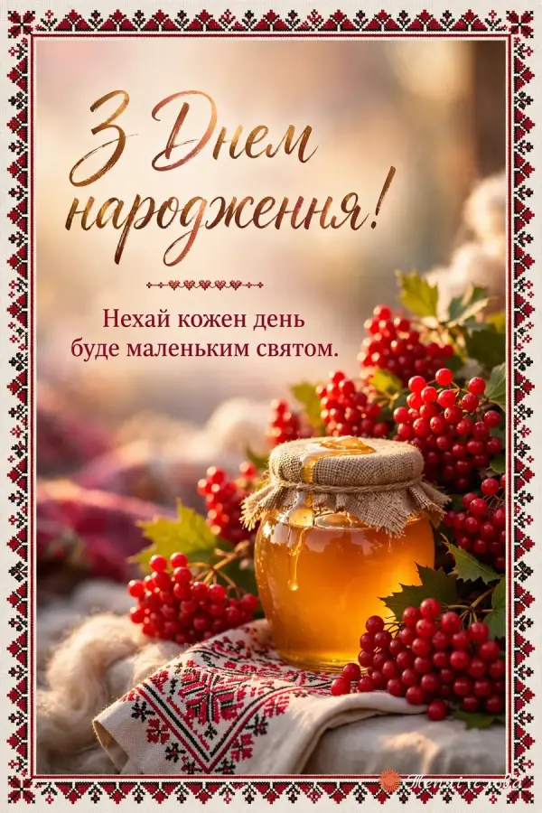 Мед і калина на вишитій серветці у вишитій рамці: нехай кожен день буде маленьким святом