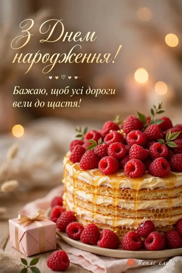 Медовик із малиною і медом, маленький подарунок поруч і побажання доріг до щастя