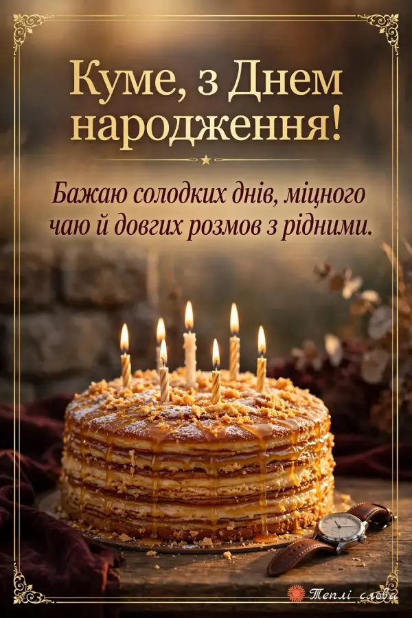 Медовик зі свічками в золотій рамці — «Куме, з Днем народження!» і побажання довгих розмов з рідними