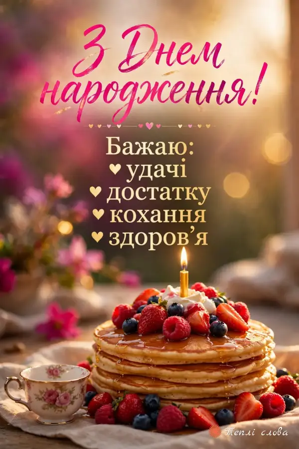 Млинці з ягодами й свічкою, порцелянова чашка і список: удачі, достатку, кохання