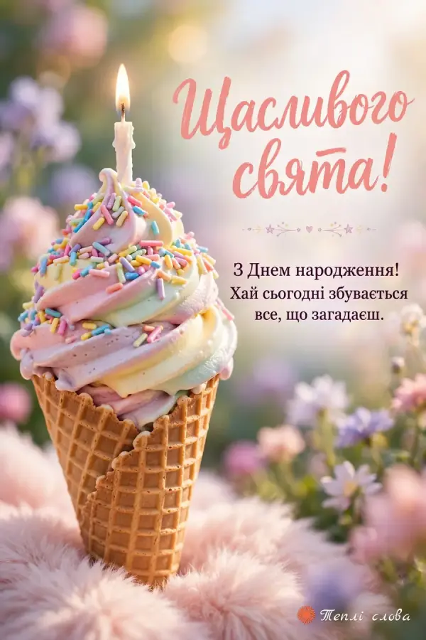 Морозиво в ріжку з веселковою посипкою і свічкою — «Щасливого свята!»