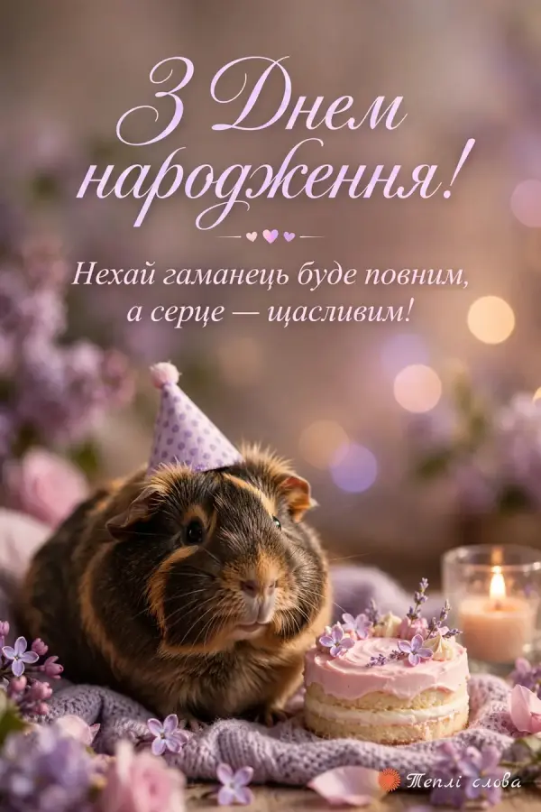 Морська свинка у святковому ковпачку біля тортика з бузком і побажання повного гаманця