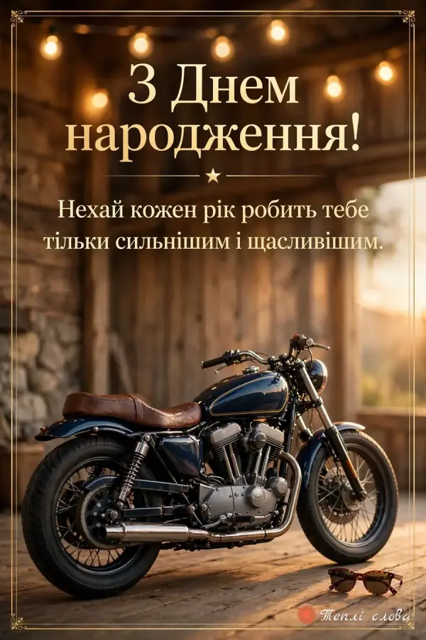Мотоцикл у дерев'яному гаражі з гірляндою, побажання ставати сильнішим і щасливішим