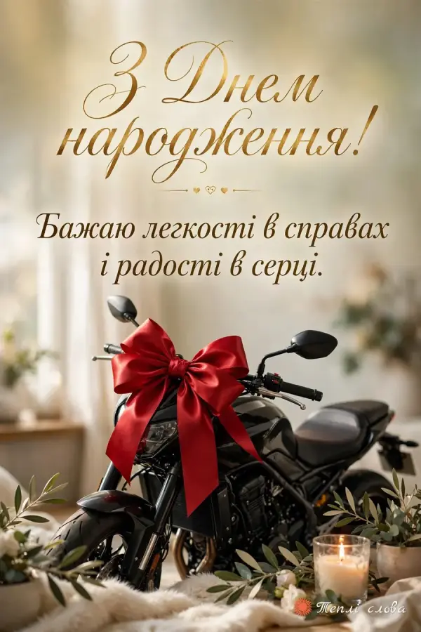 Чорний мотоцикл із великим червоним бантом і побажання легкості в справах