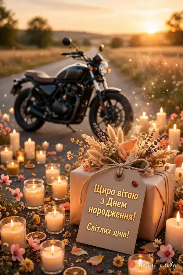Мотоцикл на заході сонця, свічки й подарунок з биркою «Світлих днів!»