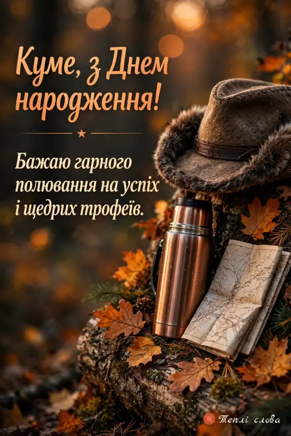Мисливський капелюх, термос і карта в осінньому лісі — побажання щедрих трофеїв