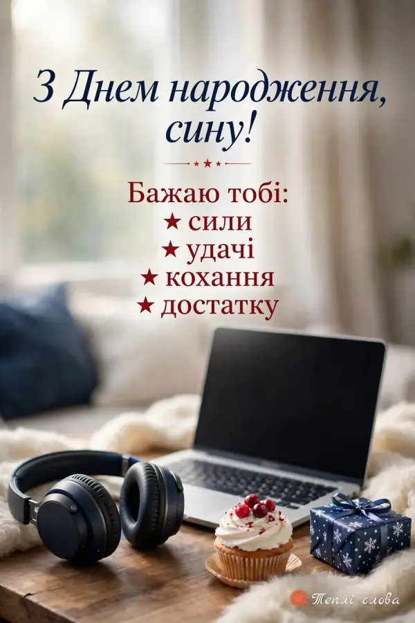 Навушники, ноутбук і капкейк на столі, список побажань: сили, удачі, кохання, достатку