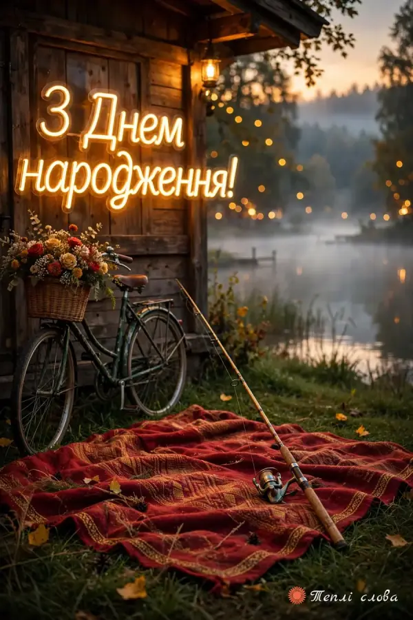 Неоновий напис на причалі, велосипед і вудка біля ранкового озера