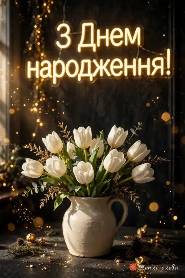 Неоновий напис з днем народження над білими тюльпанами в глечику