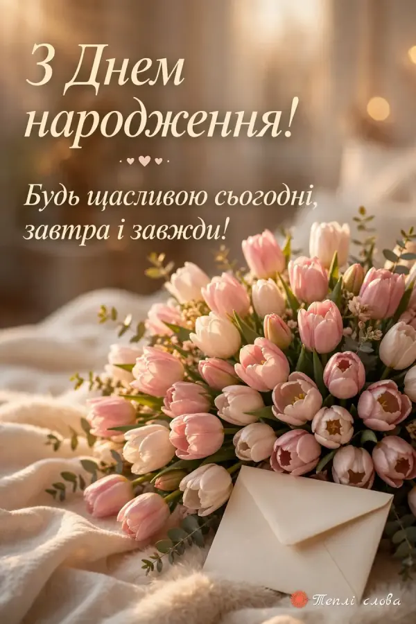 Тюльпани ніжно-рожевого кольору з конвертом на м'якому пледі та побажання бути щасливою завжди