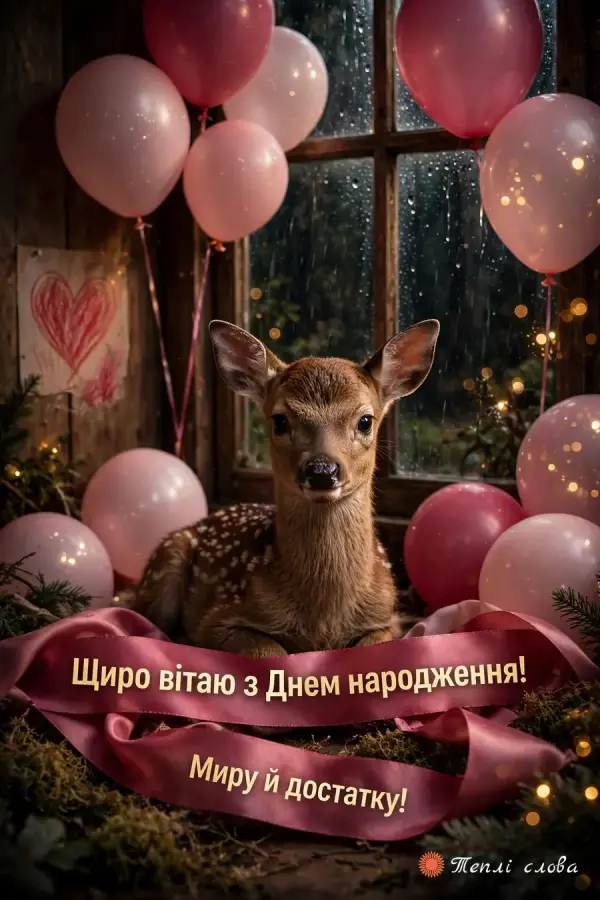 Оленятко серед рожевих кульок і бордова стрічка «Миру й достатку!»