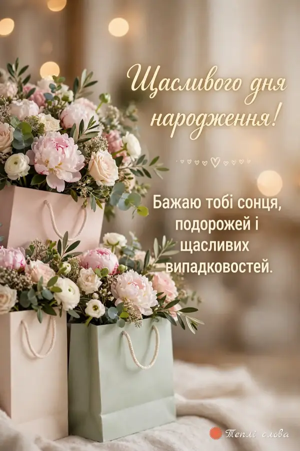 Пастельні пакети з півоніями й трояндами — «Щасливого дня народження!»