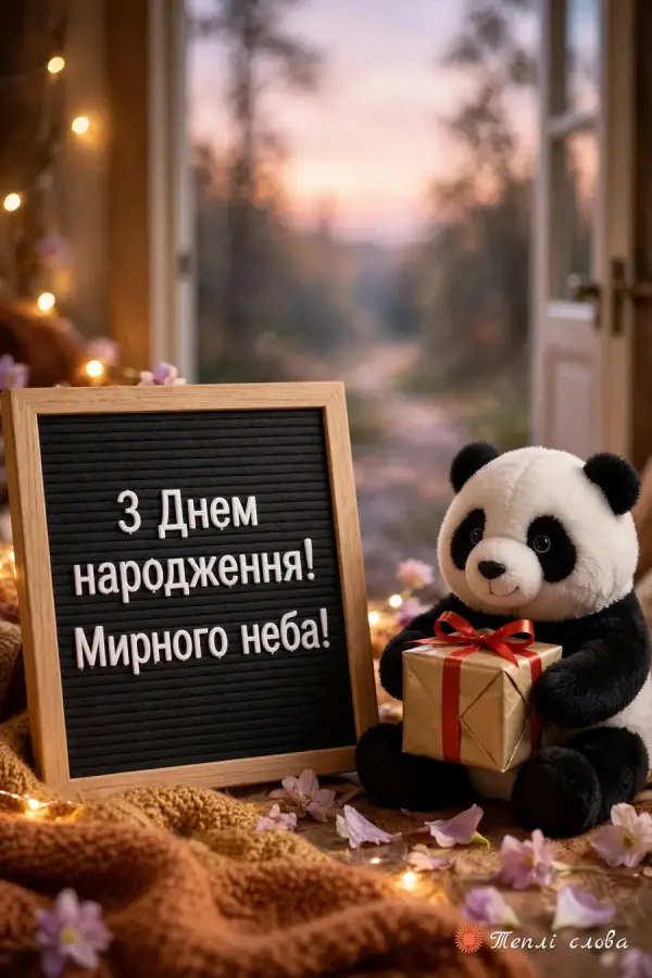 Плюшева панда з подарунком і дошка з літерами «Мирного неба!»