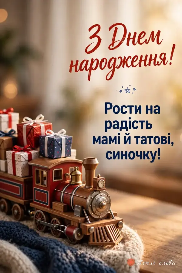 Дерев'яний паровозик з подарунками і побажання рости на радість мамі й татові
