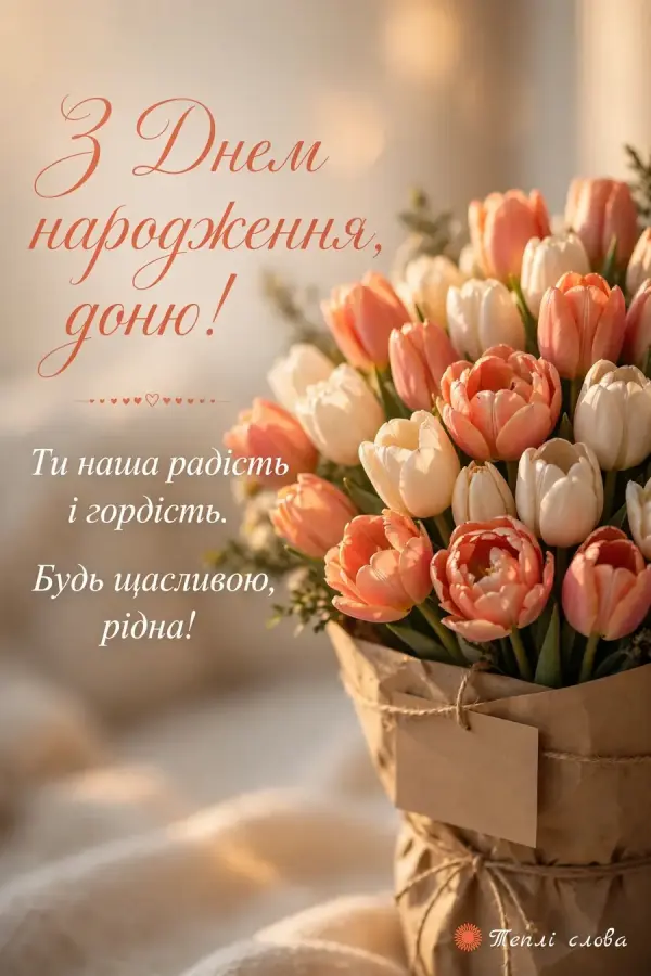 Персикові й кремові тюльпани в крафті — «Ти наша радість і гордість»