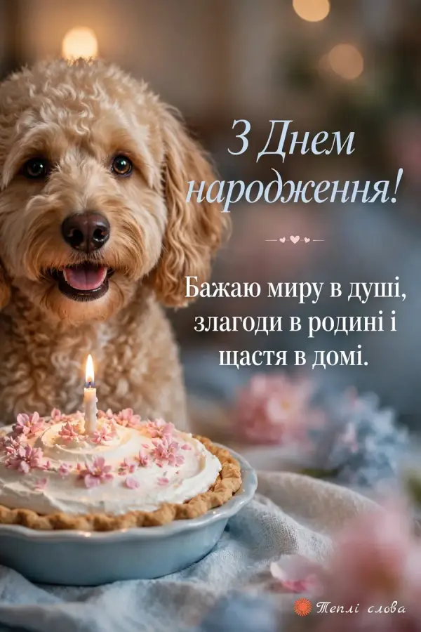 Кучерявий песик біля святкового пирога зі свічкою, побажання миру в душі й злагоди
