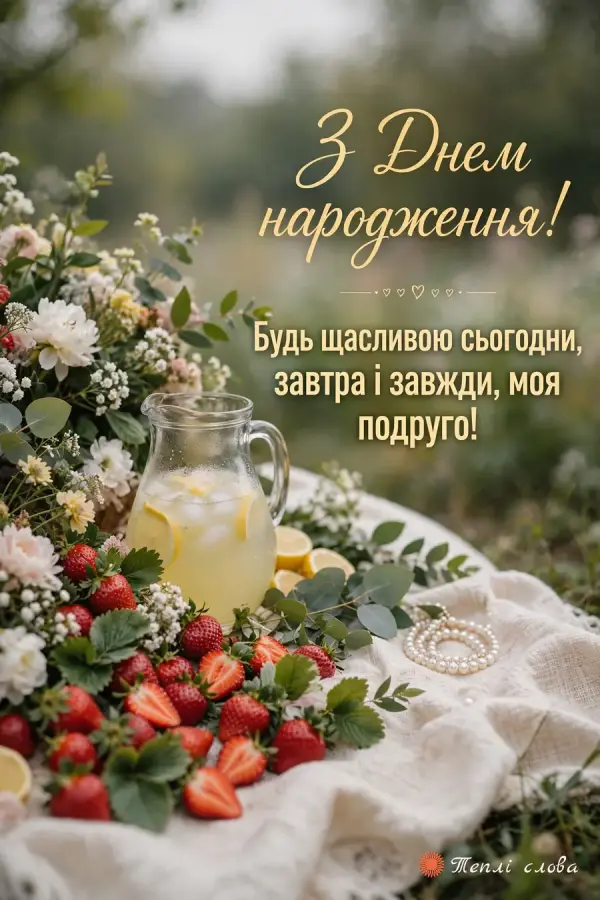 Пікнік з полуницею, лимонадом і квітами — будь щасливою сьогодні, завтра і завжди