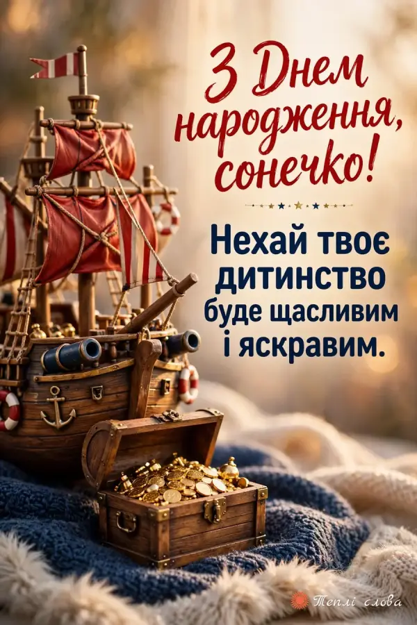 Піратський корабель-іграшка зі скринею монет — «З Днем народження, сонечко!»